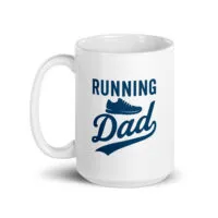 White mug with 'Running Dad' design.