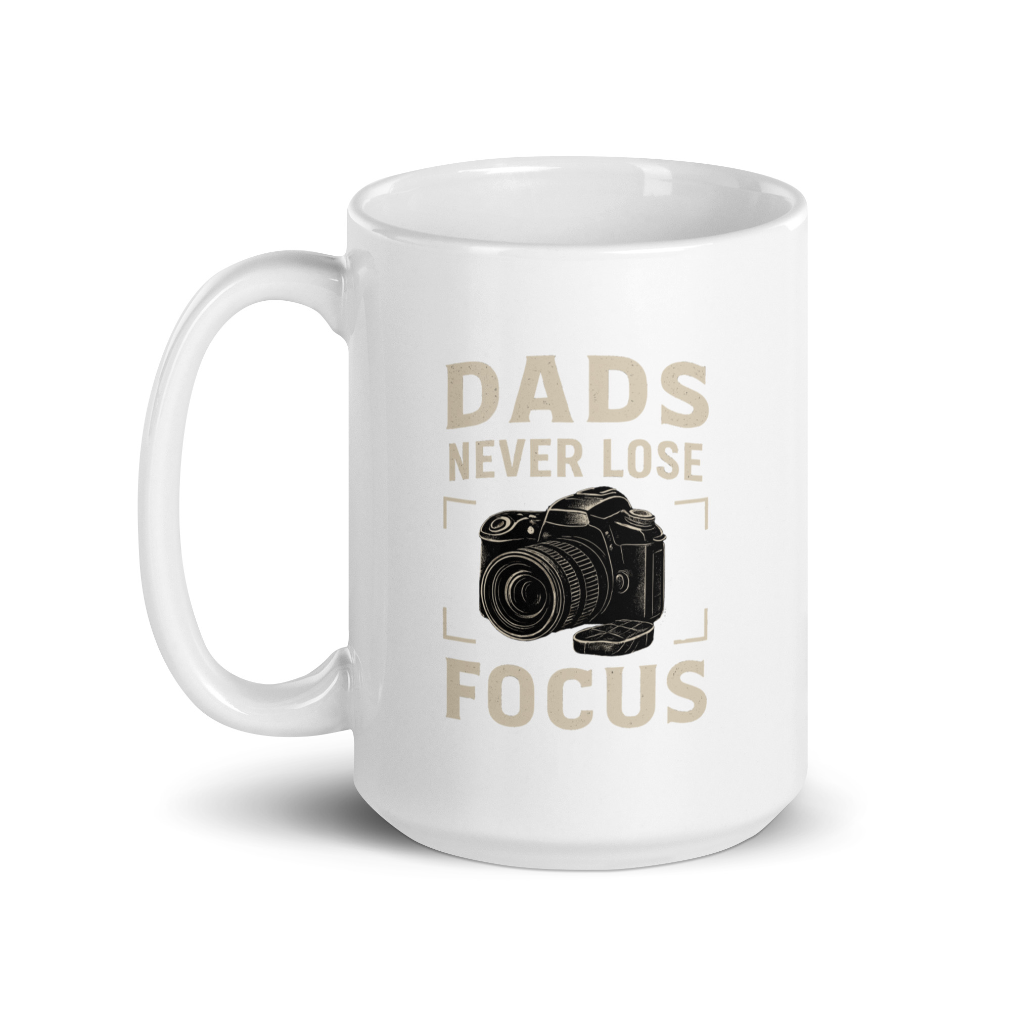 white-glossy-mug-white-15-oz-handle-on-left-68f1d34f07965.jpg Mug with camera and text 'Dads never lose focus'.