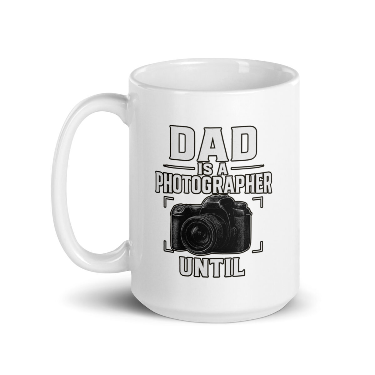 White mug with dad photographer design.