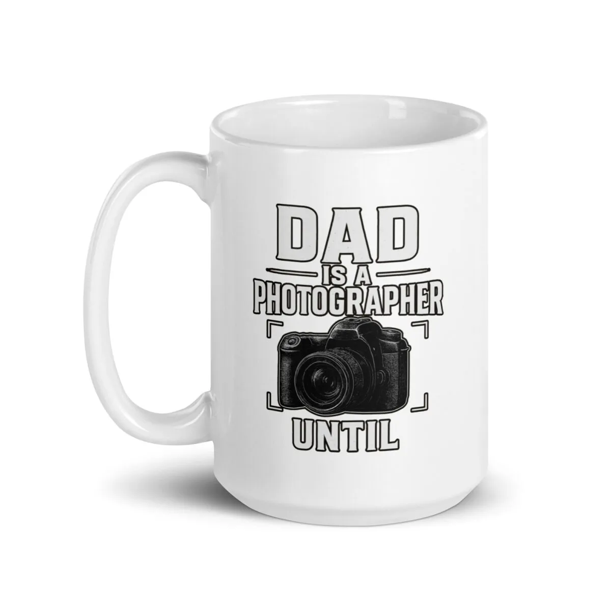 White mug with dad photographer design.