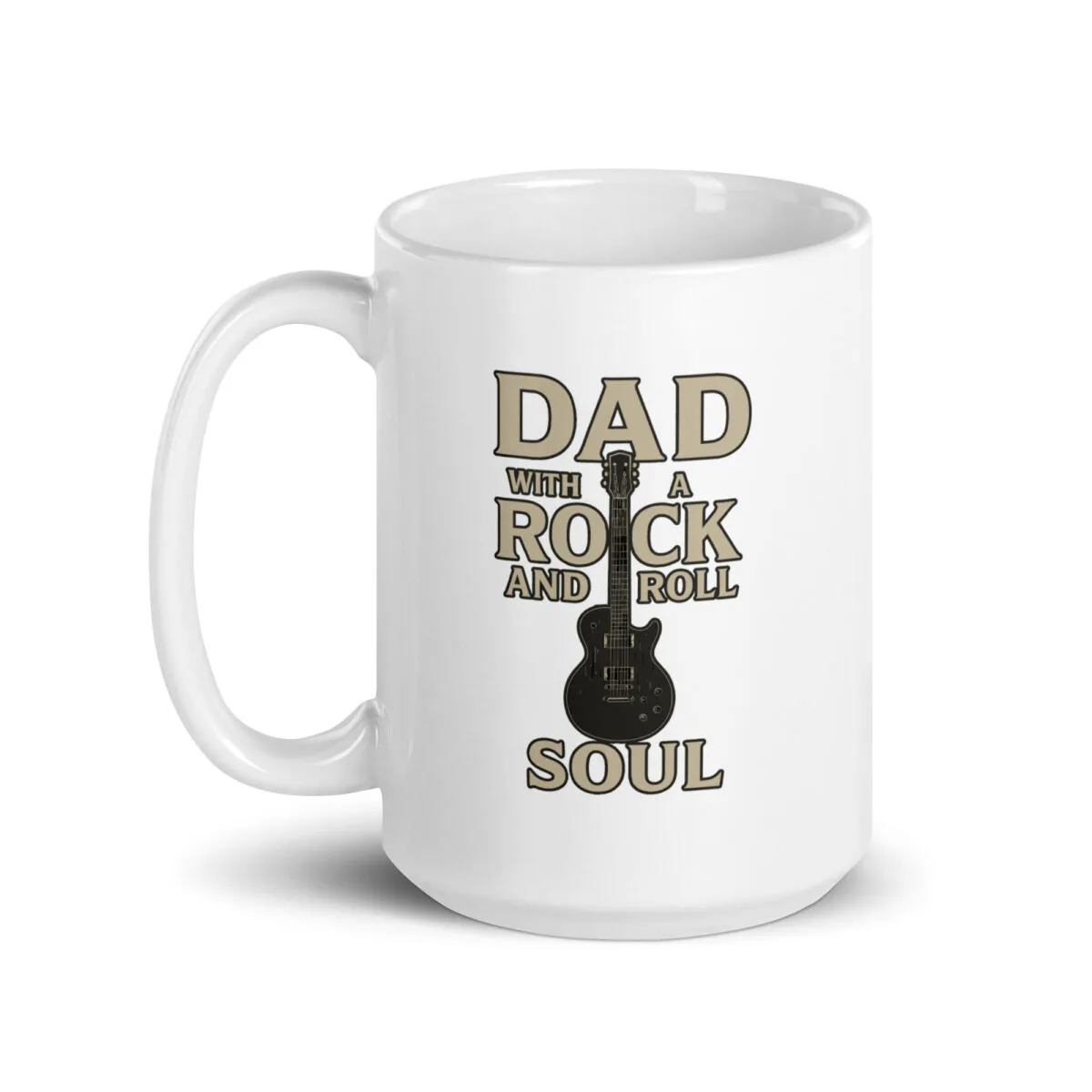 White mug with 'Dad with a rock soul' design.