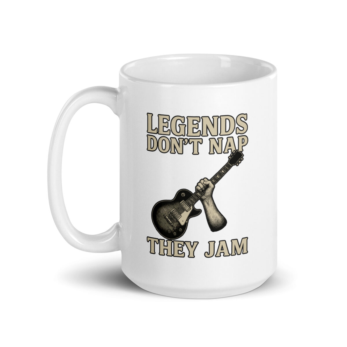 Mug with guitar and 'Legends Don't Nap' quote.