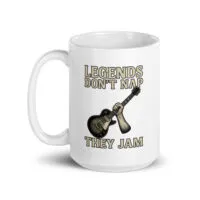 Mug with guitar and 'Legends Don't Nap' quote.