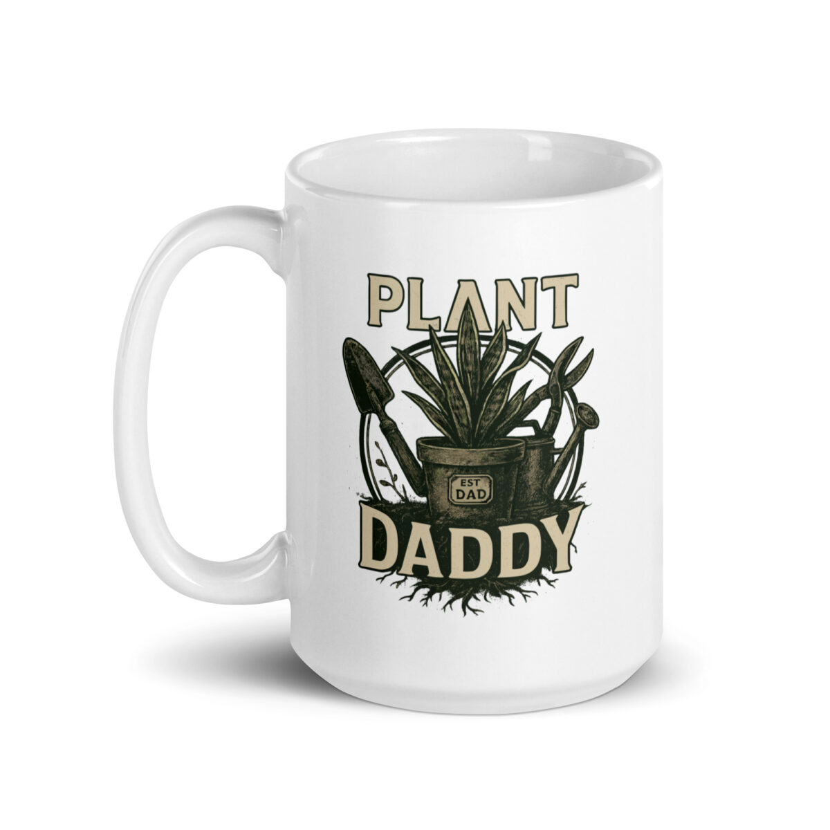 Plant Daddy mug with gardening tools illustration.