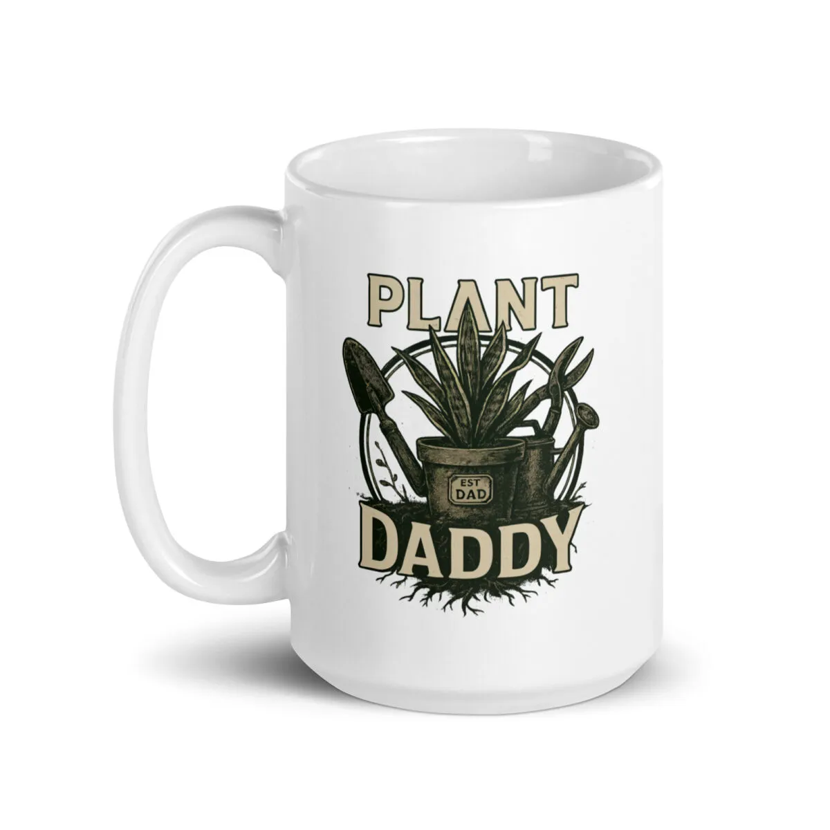 Plant Daddy mug with gardening tools illustration.