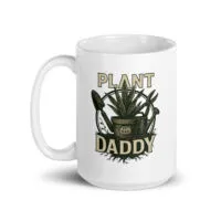 Plant Daddy mug with gardening tools illustration.