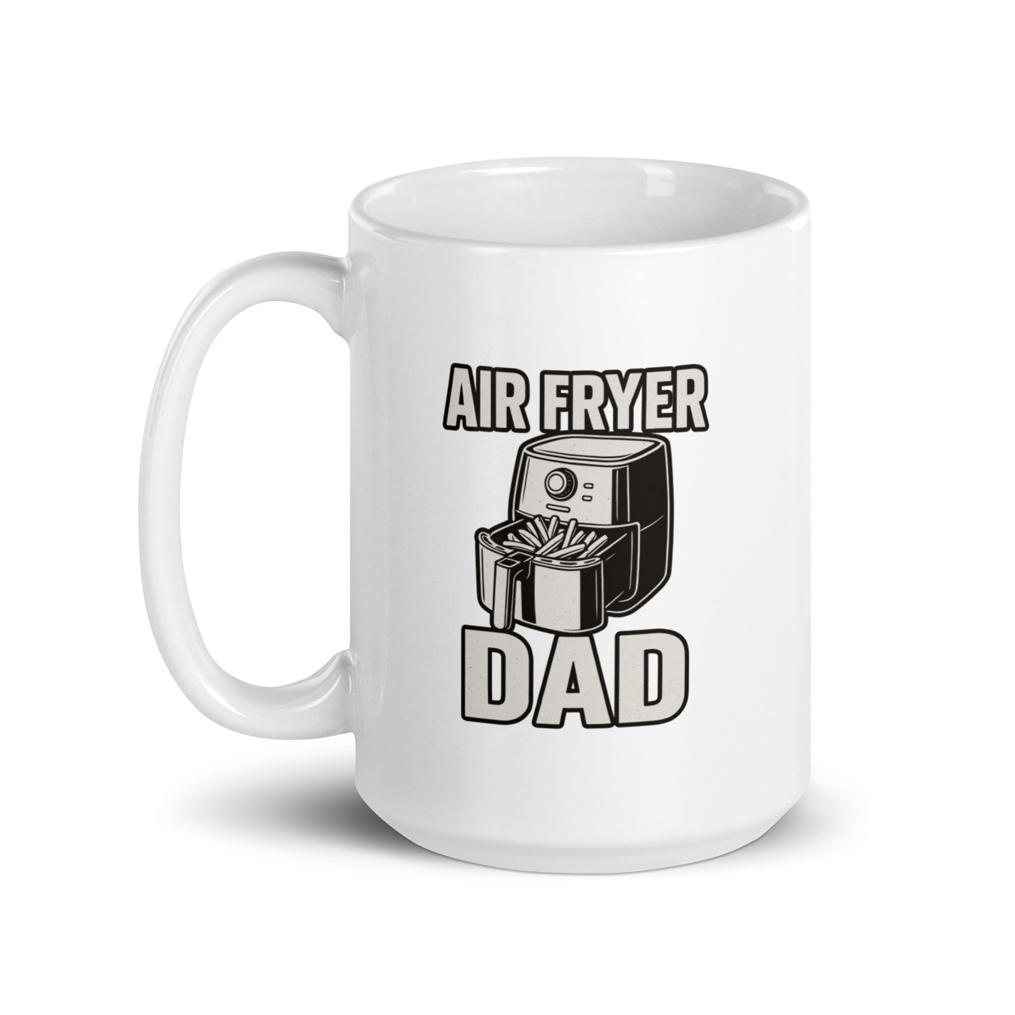 white-glossy-mug-white-15-oz-handle-on-left-68f1fd5acff86.jpg White mug with 'Air Fryer Dad' design.