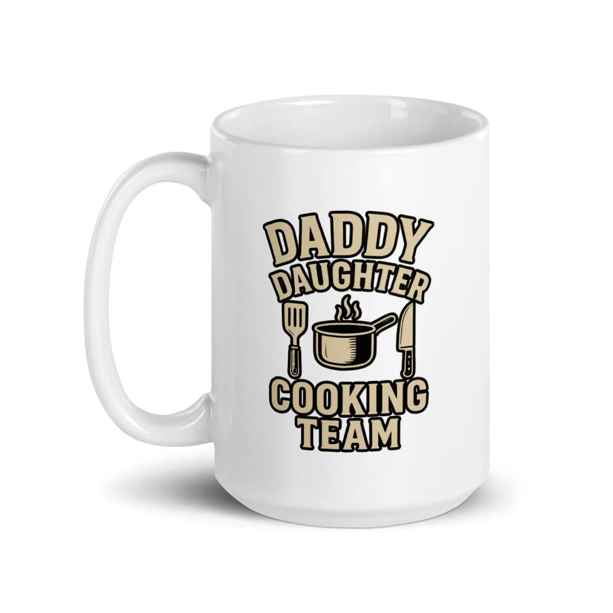 White mug with 'Daddy Daughter Cooking Team' design.