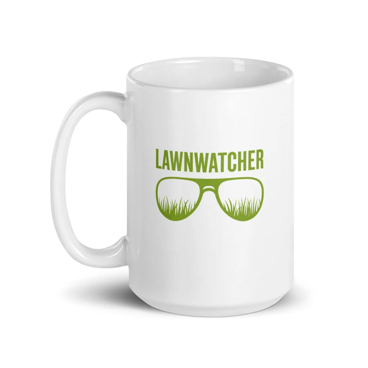 White mug with green Lawnwatcher logo.