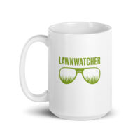 White mug with green Lawnwatcher logo.