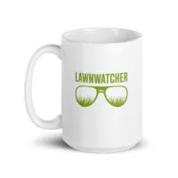 White mug with green Lawnwatcher logo.
