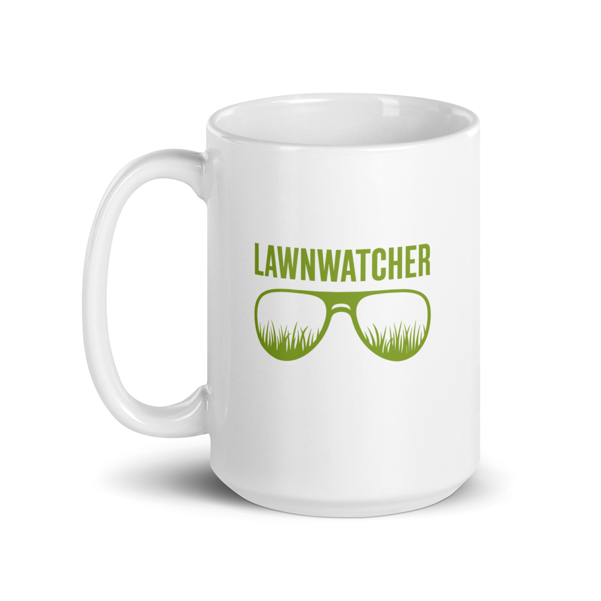 white-glossy-mug-white-15-oz-handle-on-left-68f6162b9b606.jpg White mug with green Lawnwatcher logo.