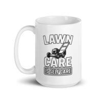White mug with lawn care slogan and lawnmower.