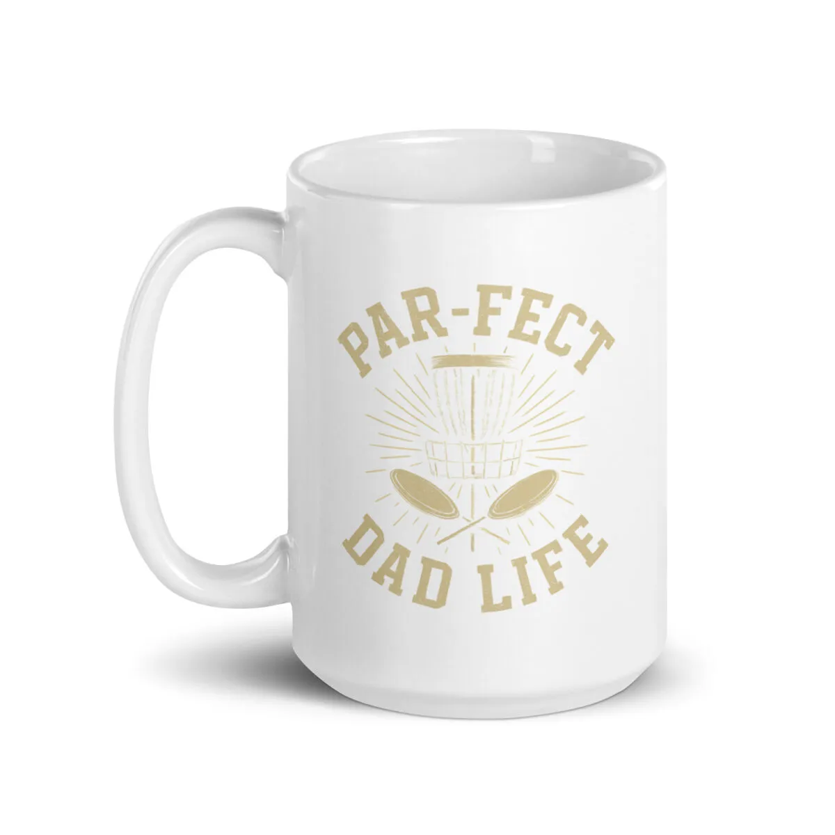 Golf-themed mug with Par-Fect Dad Life text.
