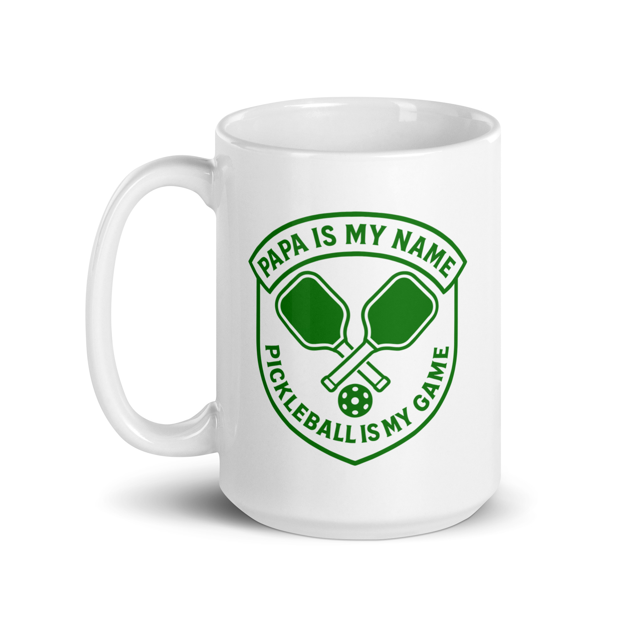 white-glossy-mug-white-15-oz-handle-on-left-68f62107e18eb.jpg Pickleball mug: 'Papa is my name' design