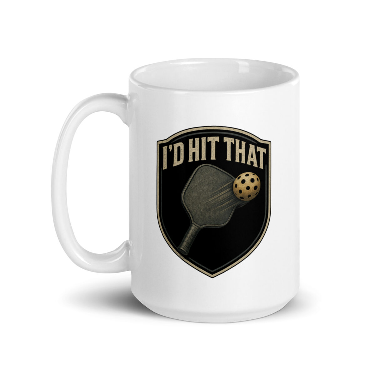 Pickleball-themed mug with paddle and ball design.