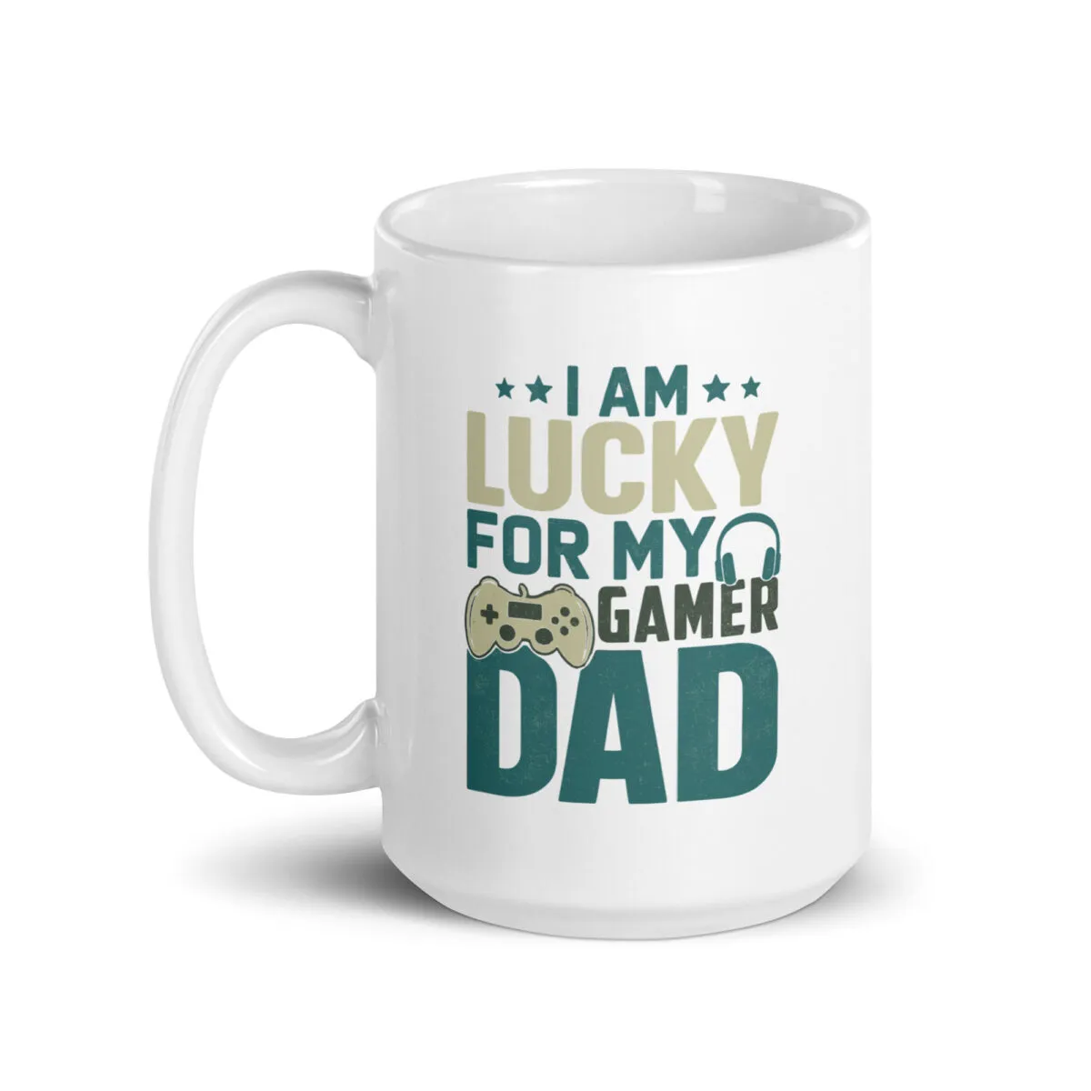 Gamer dad mug with controller and headset design.