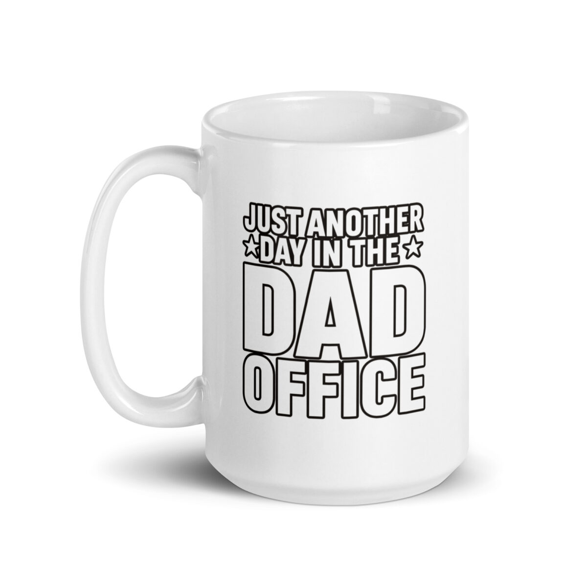 White mug with 'Dad Office' text.