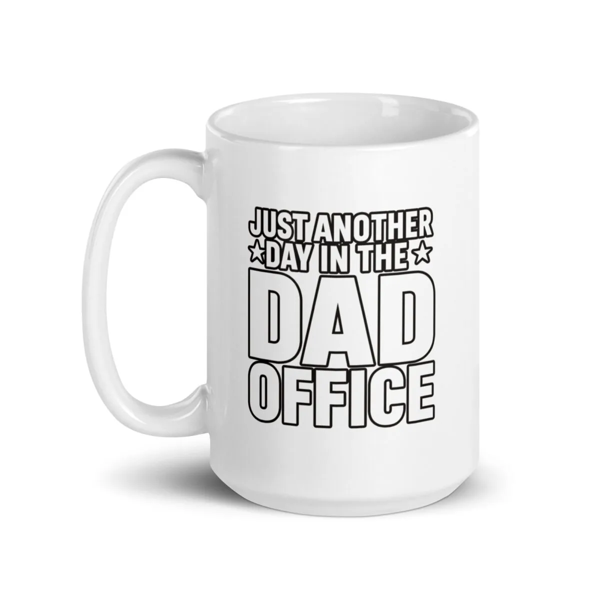 White mug with 'Dad Office' text.
