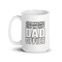 White mug with 'Dad Office' text.