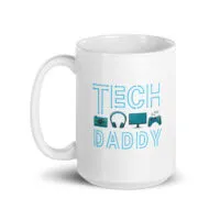 White mug with 'Tech Daddy' design.