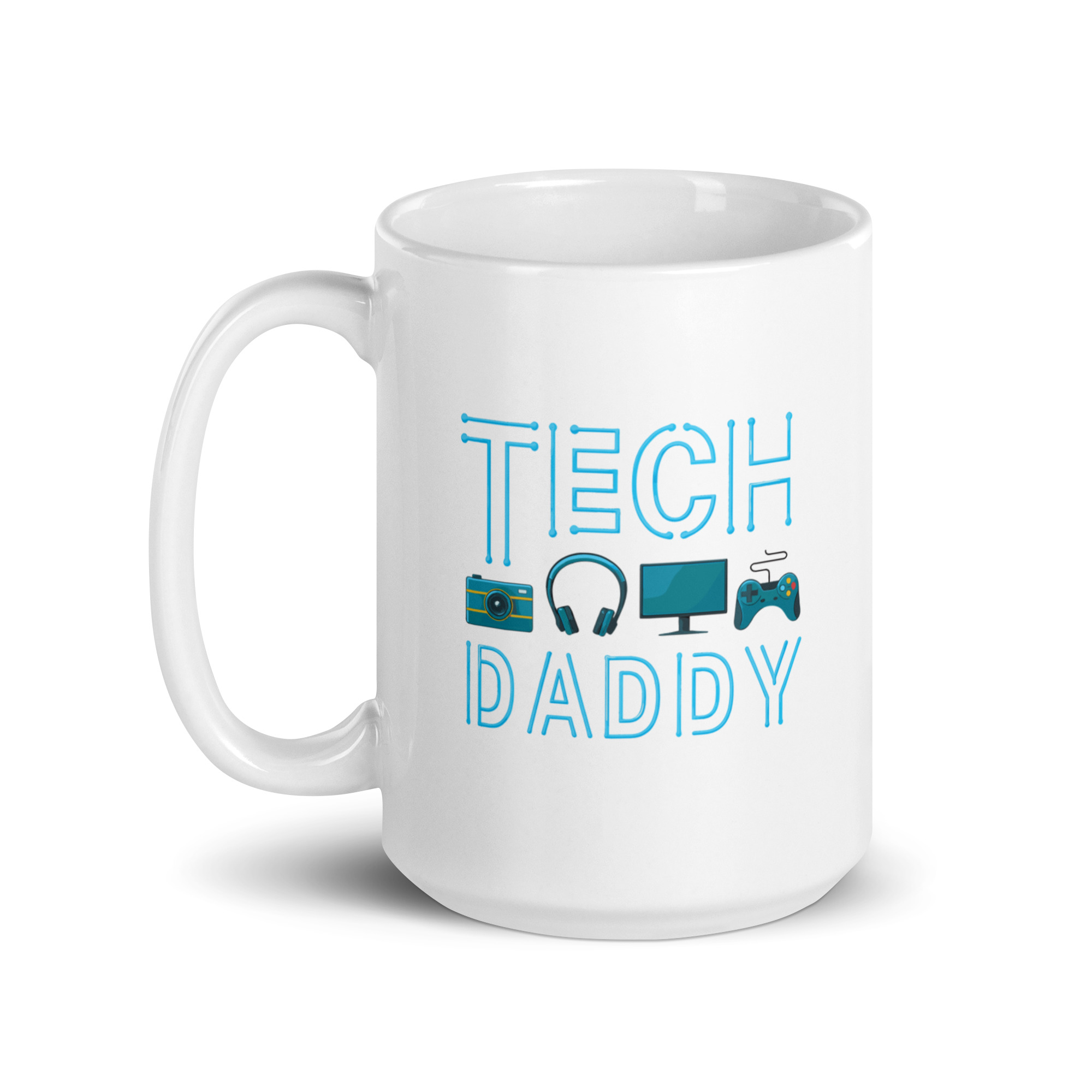 white-glossy-mug-white-15-oz-handle-on-left-68f72a77c2fbe.jpg White mug with 'Tech Daddy' design.