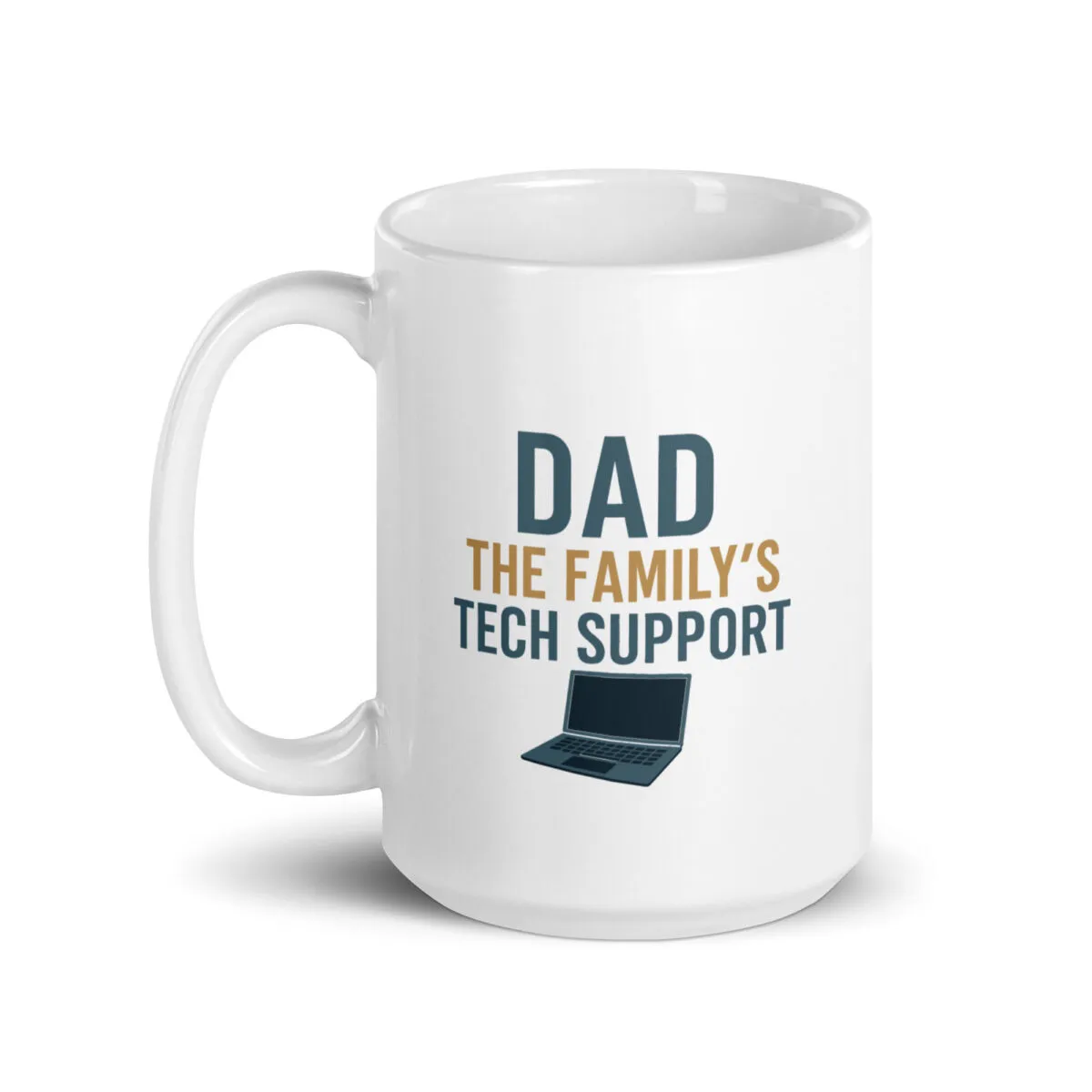 Dad tech support coffee mug with laptop graphic.