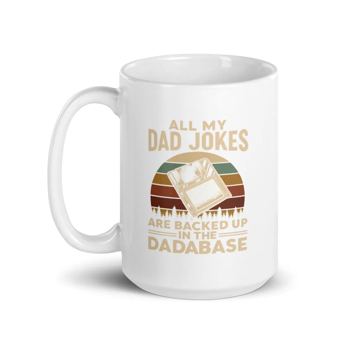 White mug with dad jokes database quote.