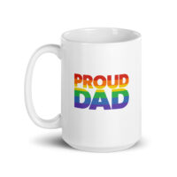 White mug with rainbow 'Proud Dad' text