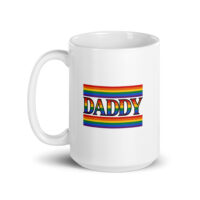 White mug with rainbow "Daddy" text design.