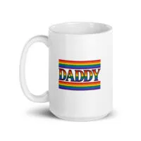 White mug with rainbow "Daddy" text design.