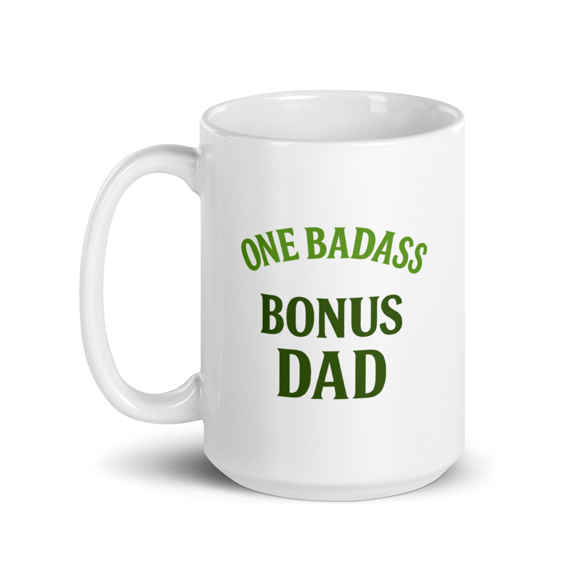 white-glossy-mug-white-15-oz-handle-on-left-68f7508fd29d0.jpg Mug with 'One Badass Bonus Dad' text