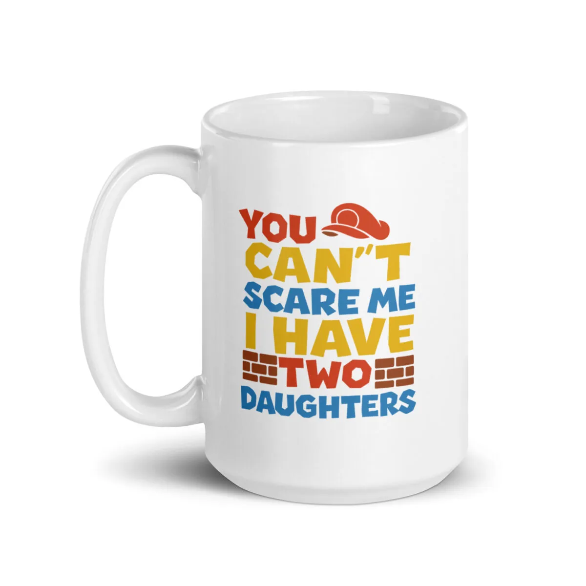 White mug with humorous dad quote.