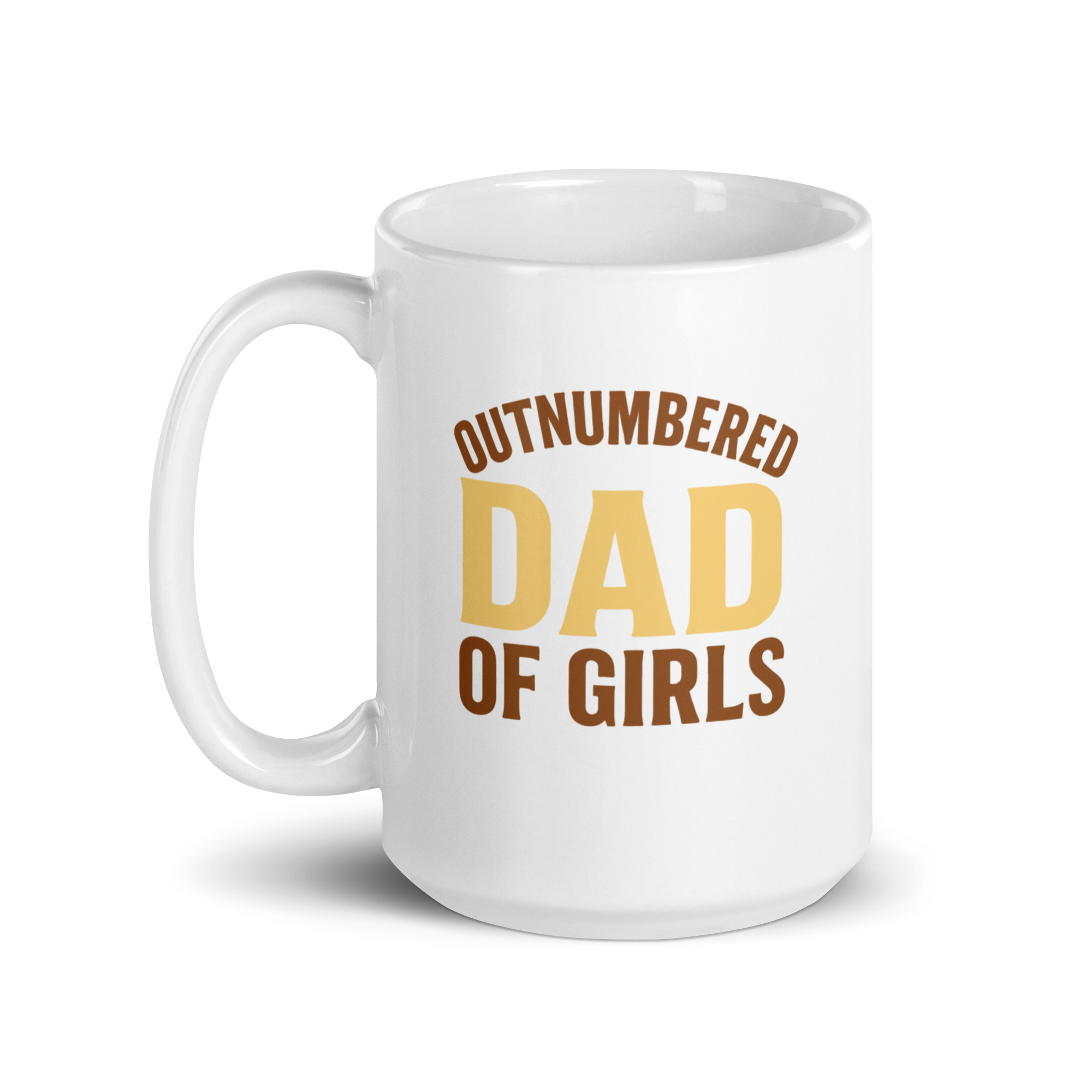 white-glossy-mug-white-15-oz-handle-on-left-68f83f1b4a862.jpg White mug with 'Outnumbered Dad of Girls' design.