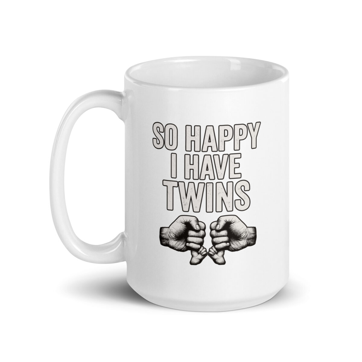 White mug with 'So Happy I Have Twins' design.