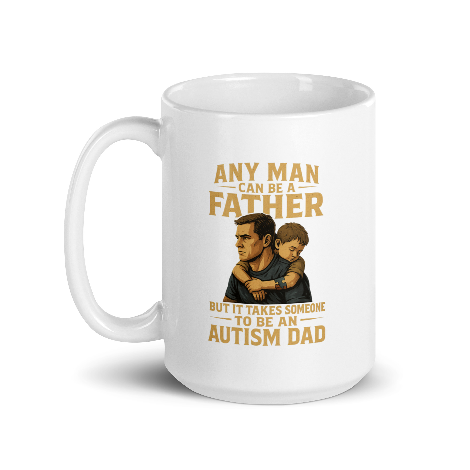 white-glossy-mug-white-15-oz-handle-on-left-68f871d7e1618.jpg Mug with autism dad quote and illustration.