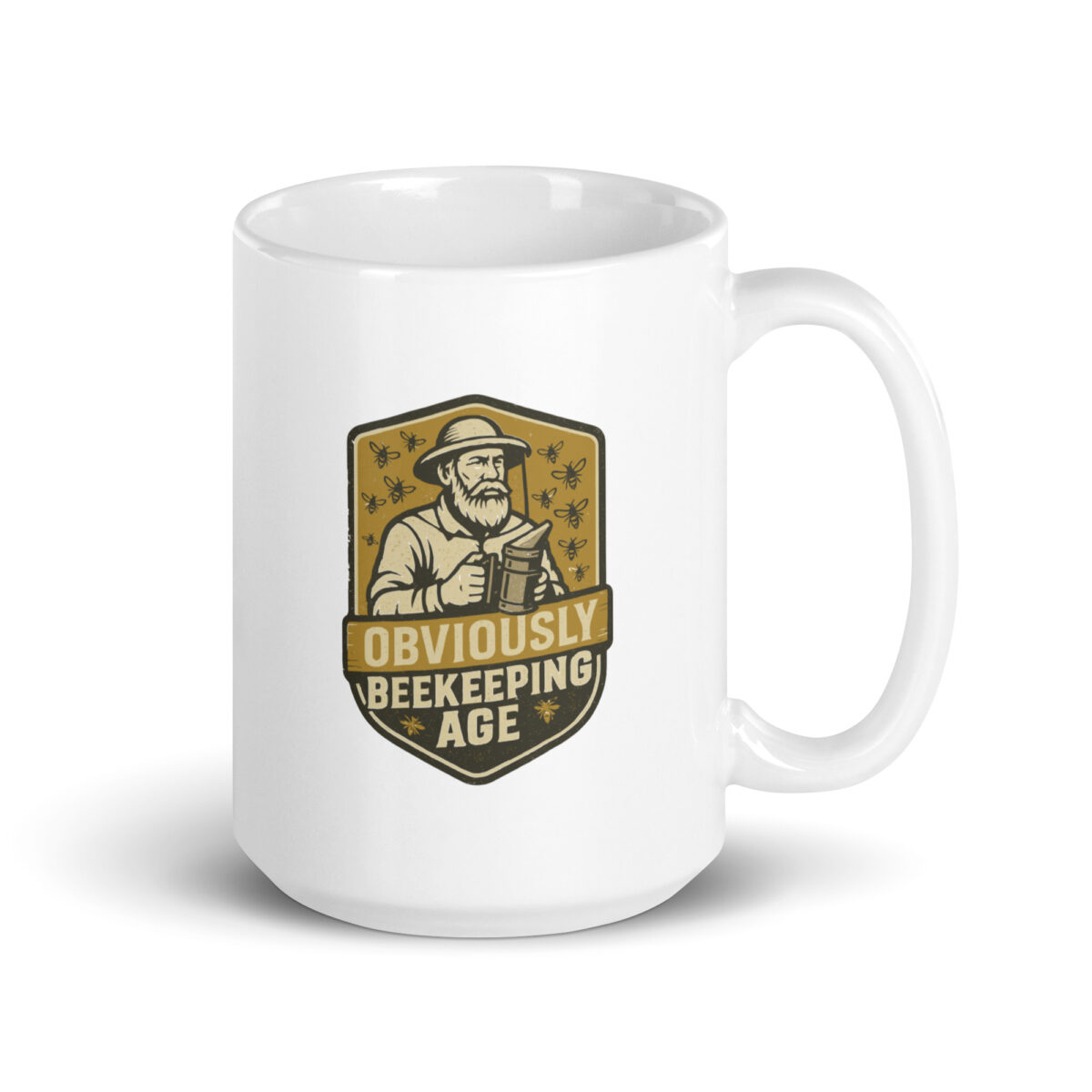 White mug with beekeeping design and text.