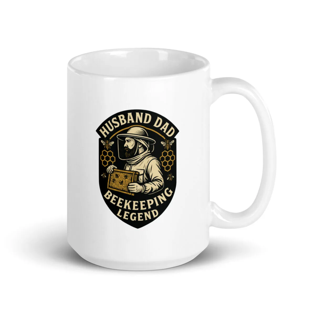 White mug with beekeeping graphic and text