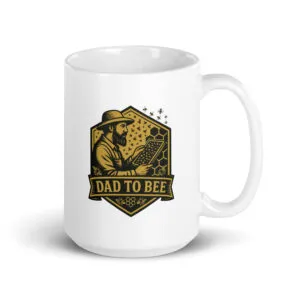 White mug with a beekeeping dad illustration.