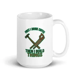 Coffee mug with tools and motivational text.