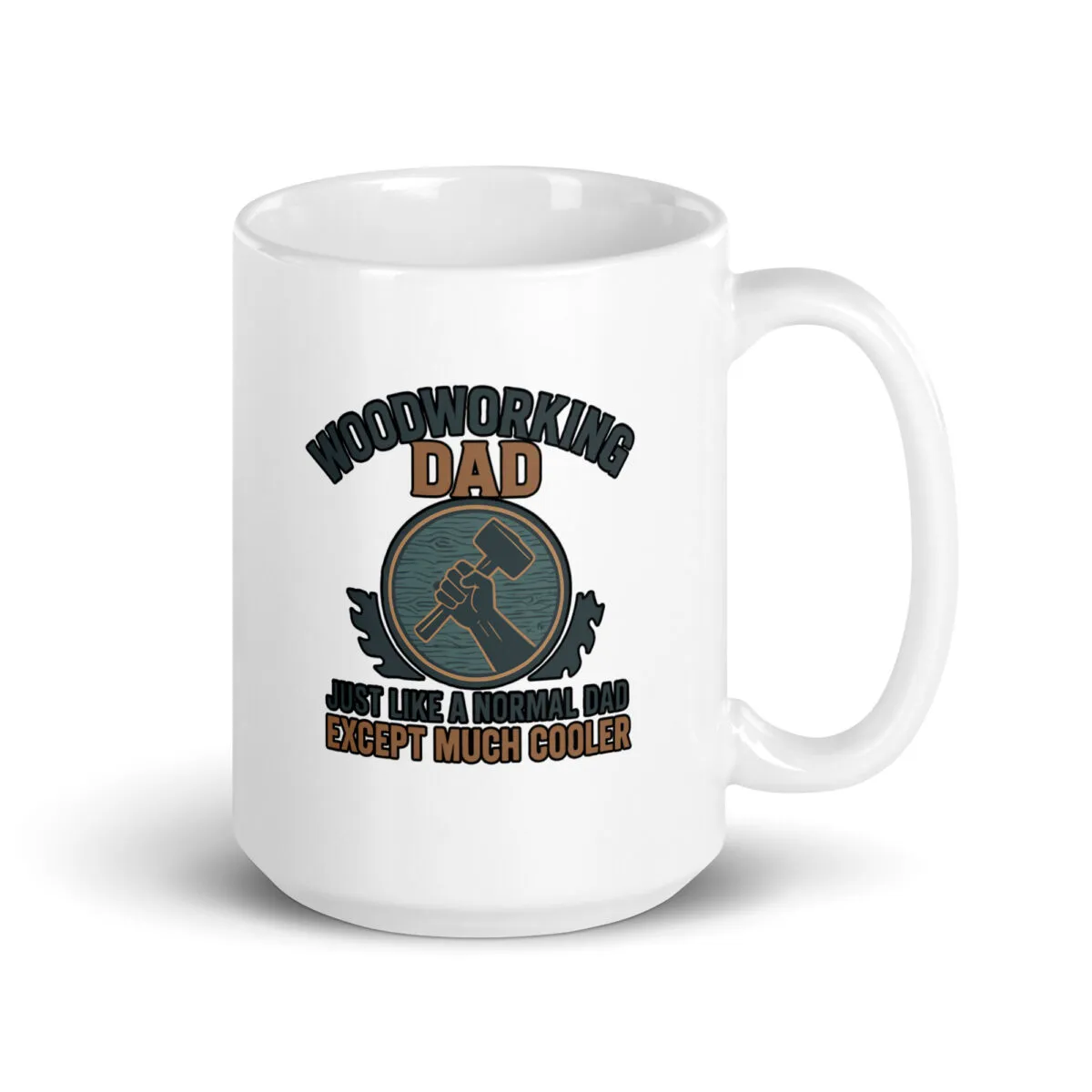 Woodworking Dad mug with hammer graphic.