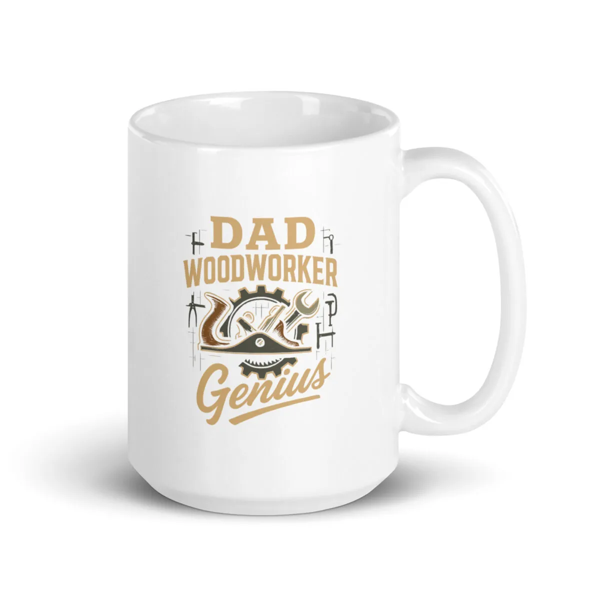 White mug with 'Dad Woodworker Genius' design.