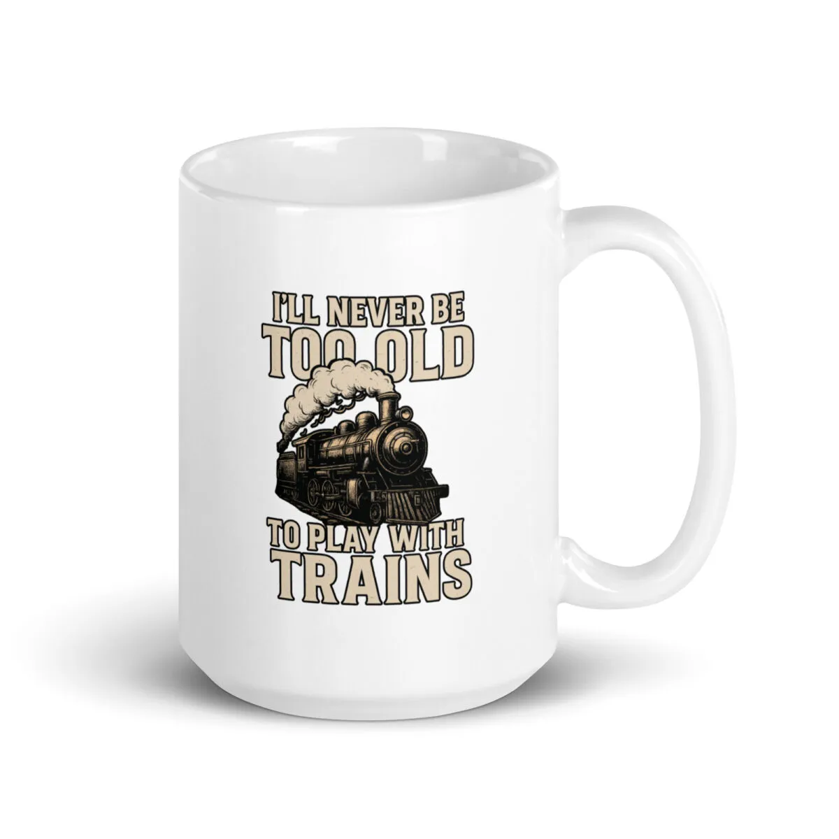 White mug with train illustration and playful quote
