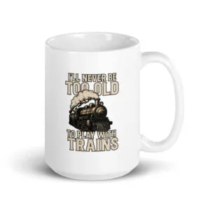 White mug with train illustration and playful quote