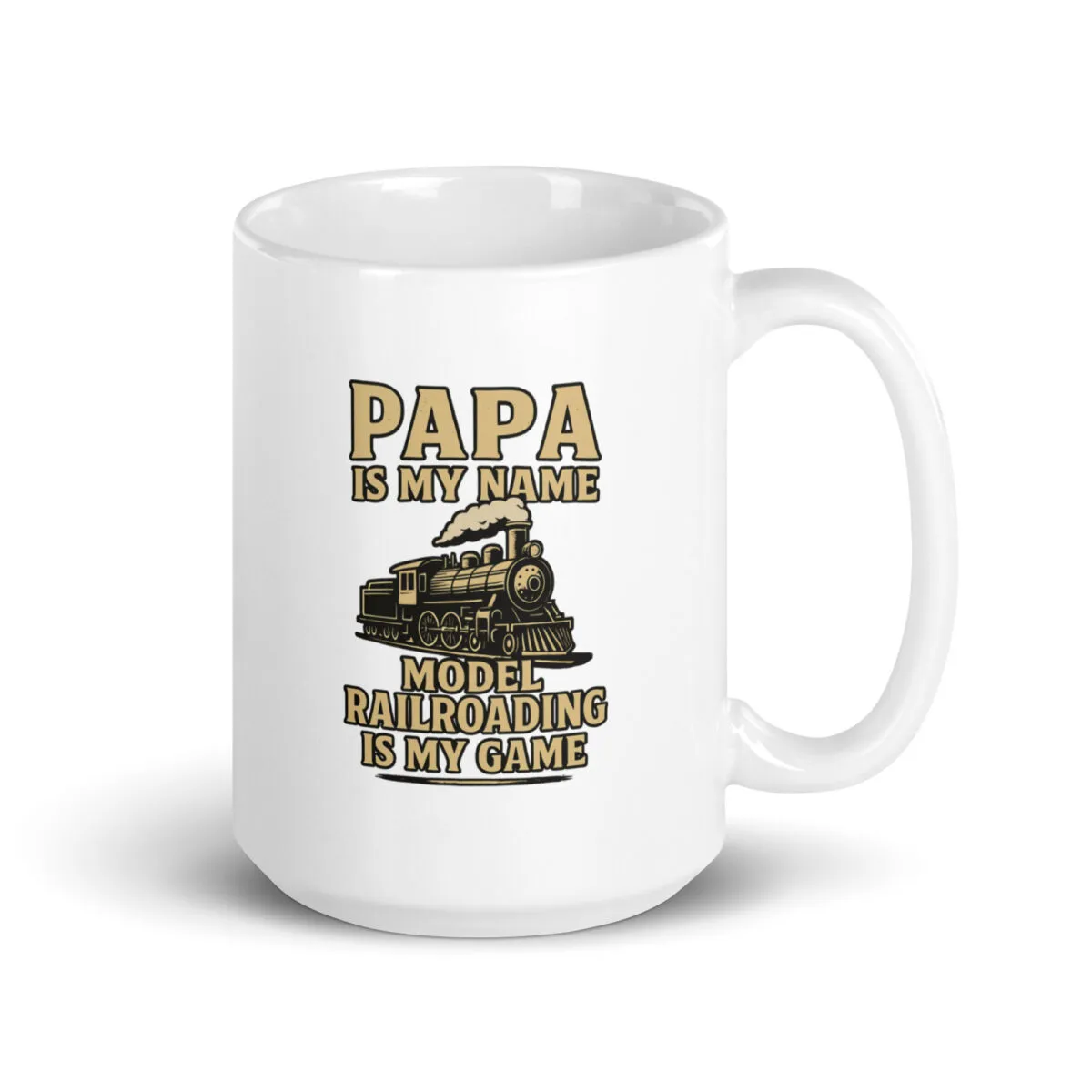 Mug with model railroading design and text