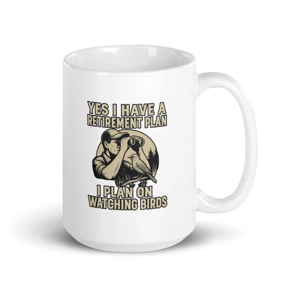 White mug with birdwatching retirement plan text.