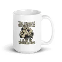 White mug with birdwatching retirement plan text.