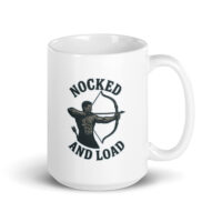 White mug with archer and text "Nocked and Load".