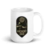 White mug with archery dad design