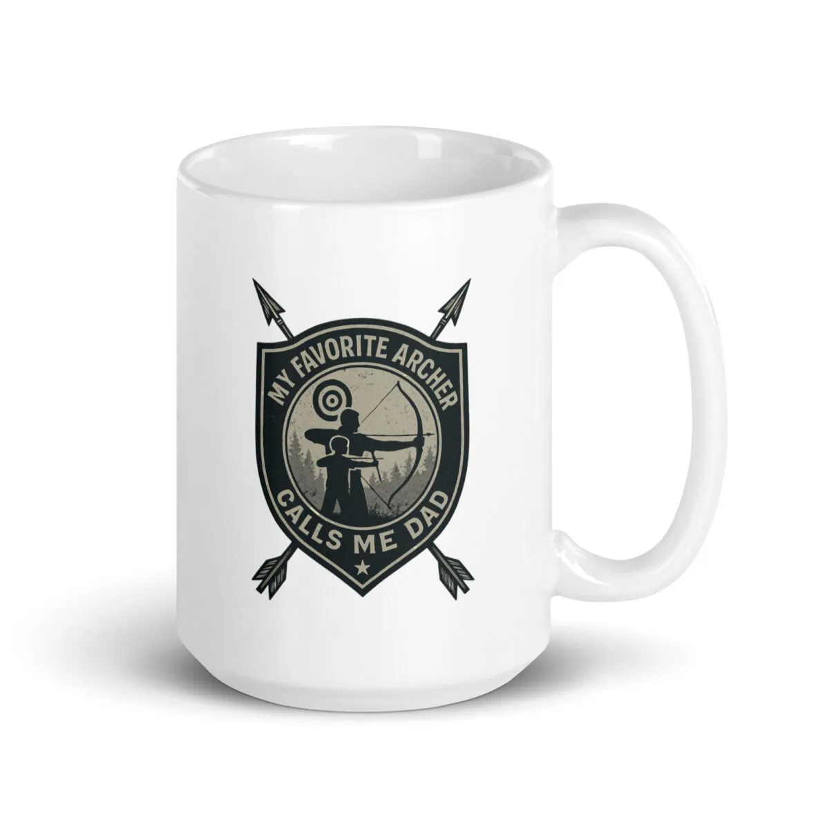 Mug with archery-themed dad quote and emblem.